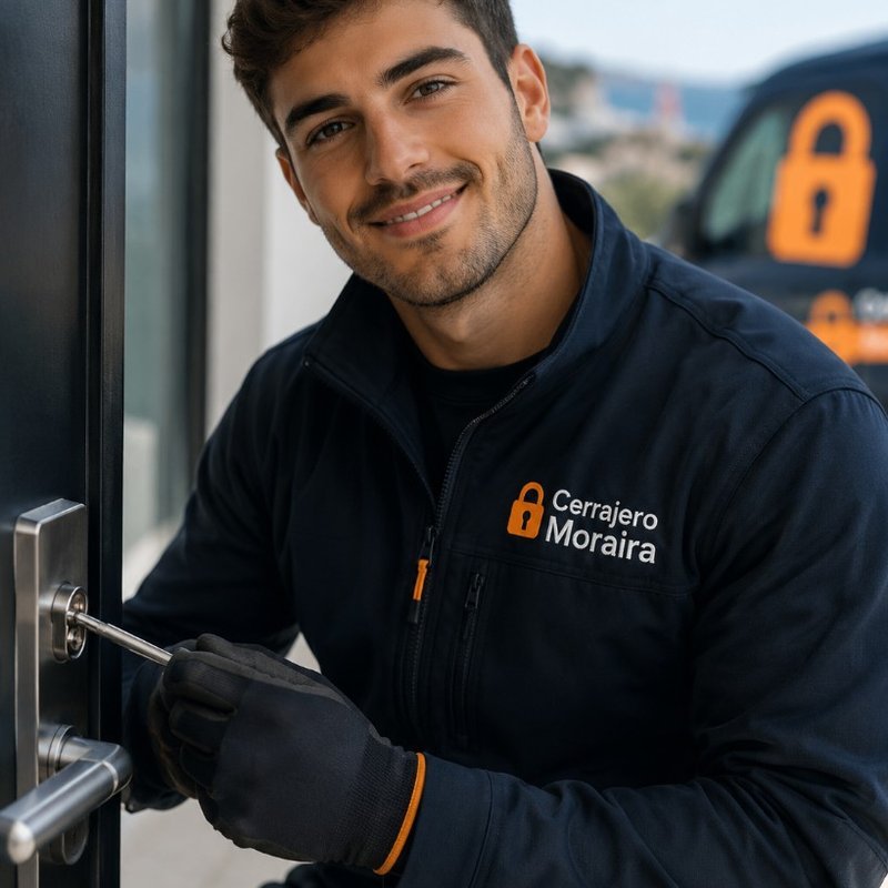 Cerrajero profesional joven con uniforme limpio trabajando en una cerradura moderna en Moraira